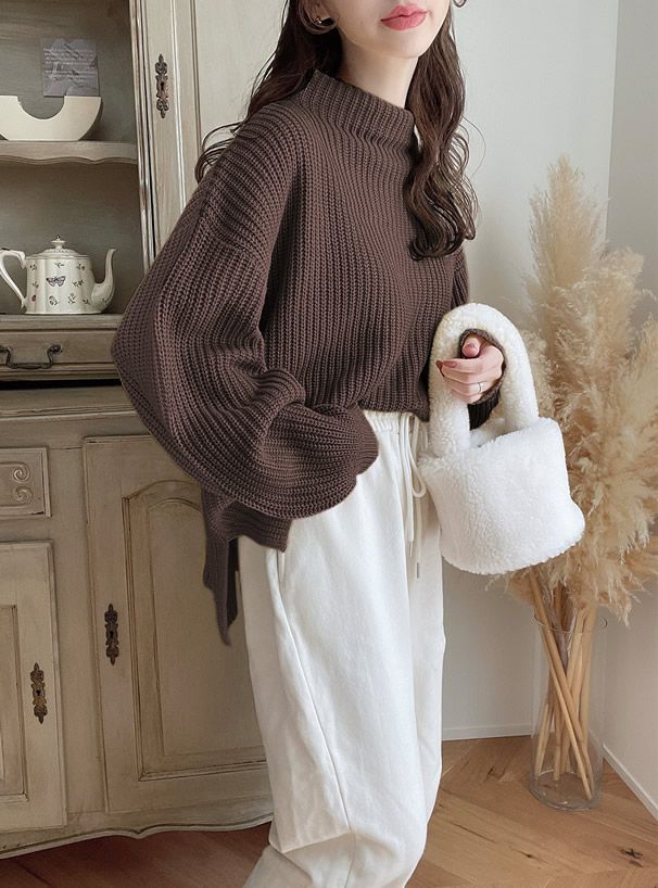 日本 GRL - 優雅酒瓶領澎澎袖針織毛衣-咖啡 (F)