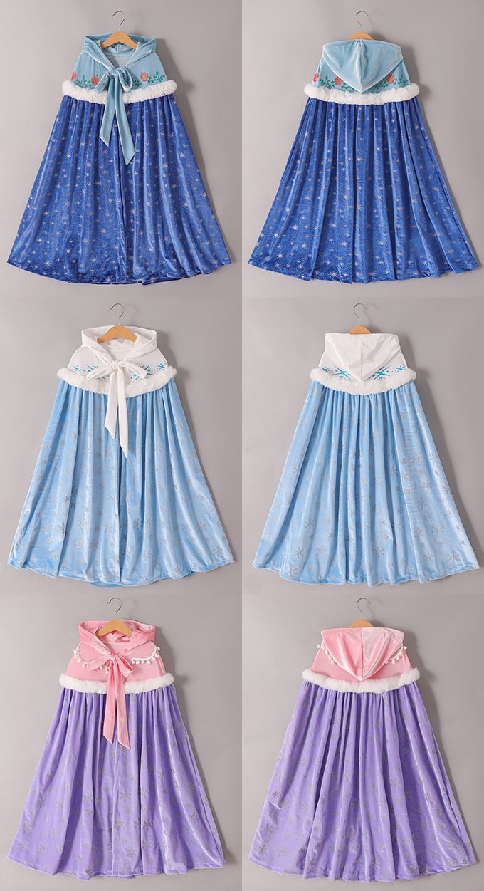 冰雪女王保暖印花斗篷-深藍色毛領