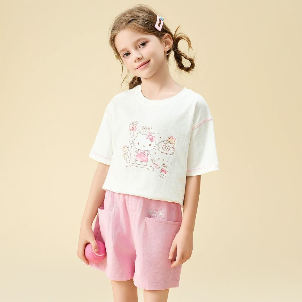 撞色車線短袖上衣+短褲套裝-卡通人物Hello Kitty-白色