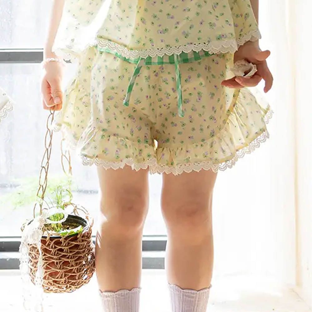 鬆緊腰甜心格紋拼接短褲-小花彩-淡黃X綠