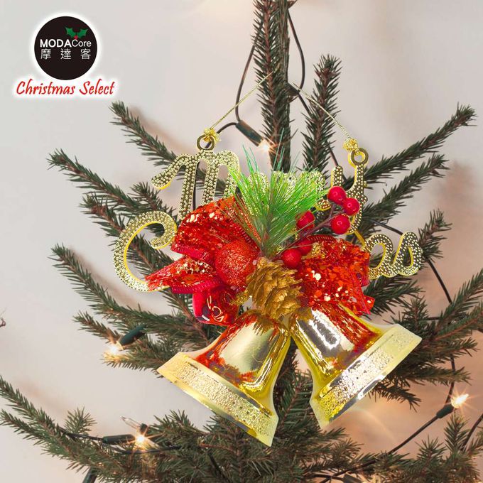 MODACore 摩達客 - 摩達客台製精緻6吋聖誕快樂英文字牌雙鐘吊飾-紅金系（歐美外銷人氣品）
