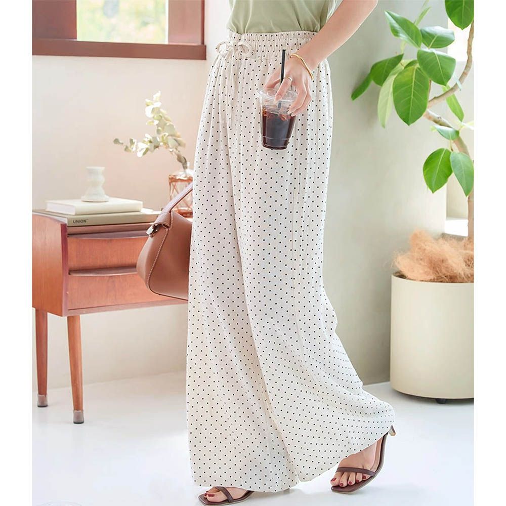 清爽棉麻鬆緊休閒寬褲-水玉-象牙 (F)