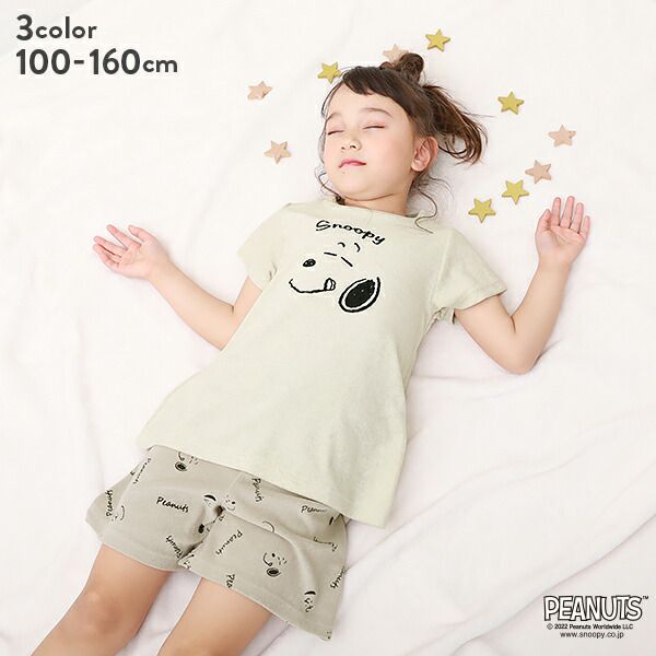 日本 devirock - 透氣涼爽短袖家居服/睡衣-貪吃史努比-杏-女孩