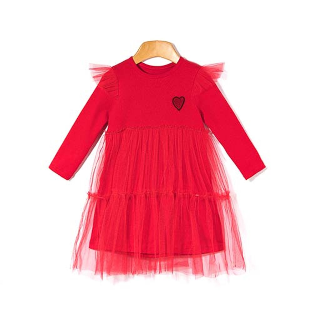 韓國 OZKIZ - 紅色愛心拼接網紗洋裝