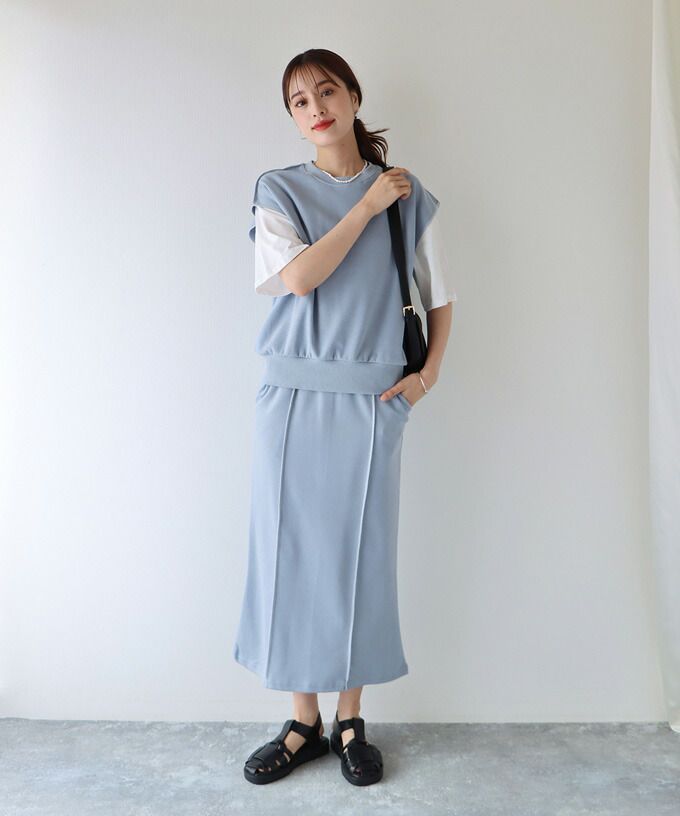 日本 BLUE EAST - 氣質修身法式短袖上衣x滾邊魚尾裙套裝-黑