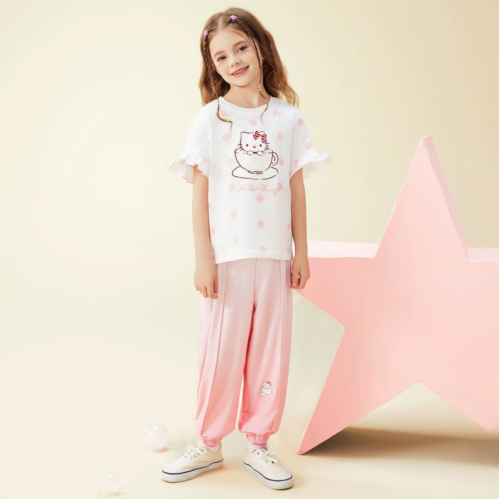 荷葉邊短袖上衣+漸層長褲套裝-卡通人物Hello Kitty-白色