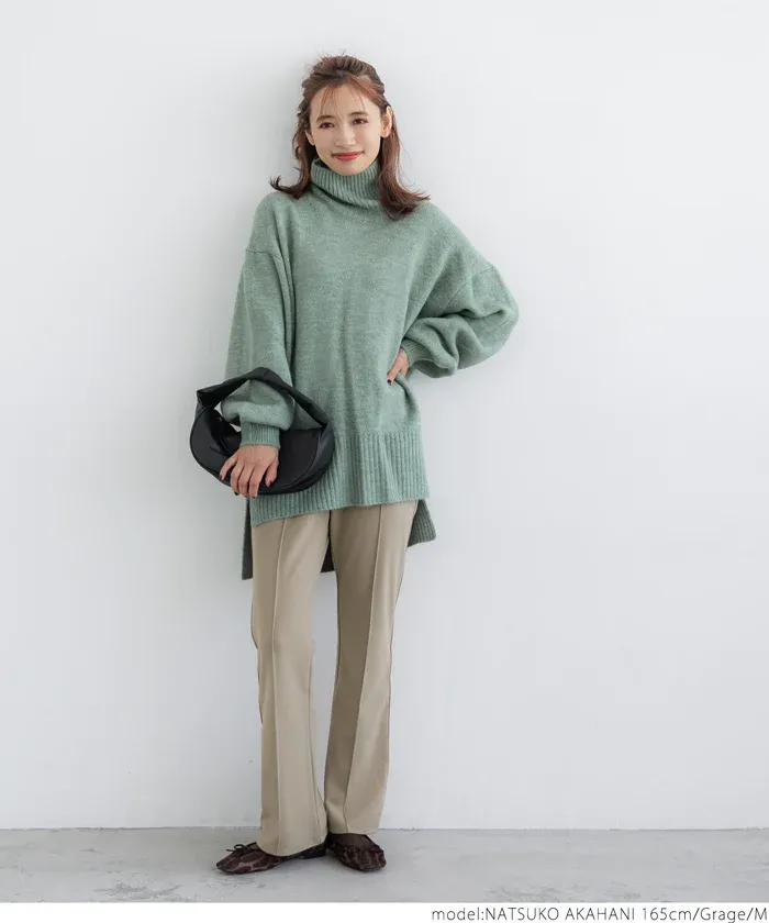 日本 COCA - 裏起毛摺線美腿微喇叭褲-黑