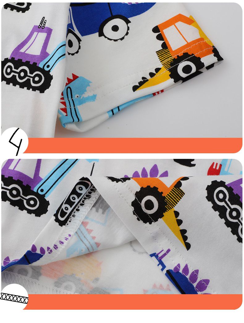 Jumping meters - 棉質圓領短袖上衣-恐龍工程車-白色