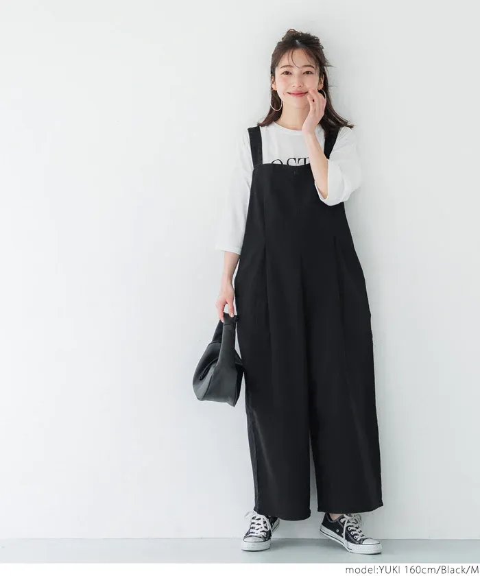 日本 COCA - 棉混厚磅工裝感吊帶褲-黑