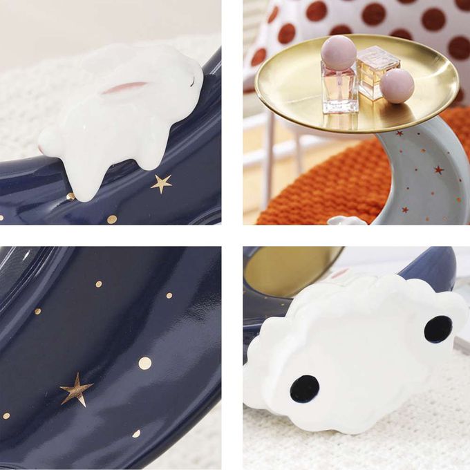 MODACore 摩達客 - ◉春節開運◉超萌祈願小白兔星星彎月頂托盤陶瓷擺飾-三色可選-粉紅