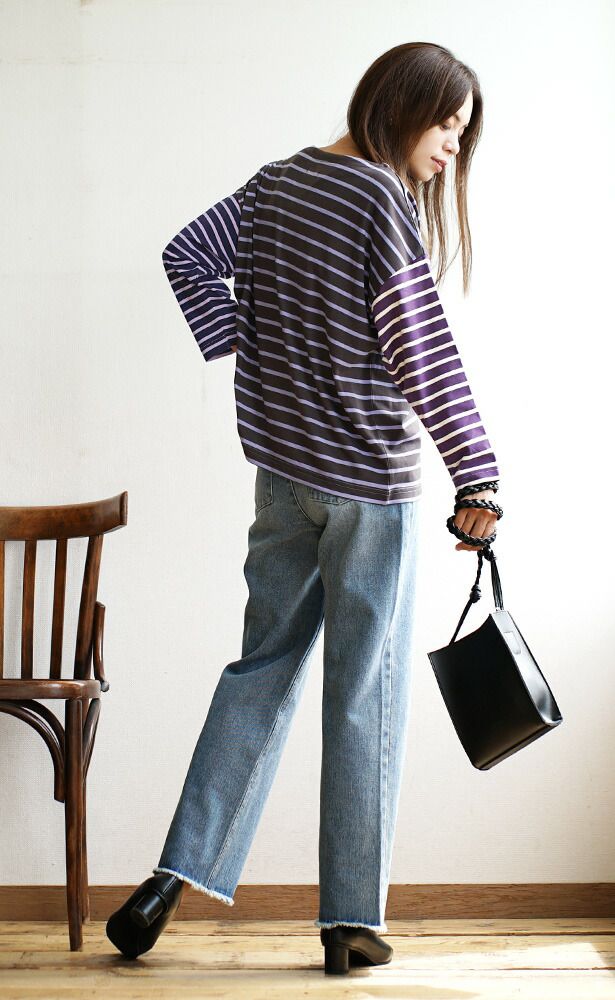 日本 zootie - 撞色條紋拼接薄長袖上衣-薰衣草