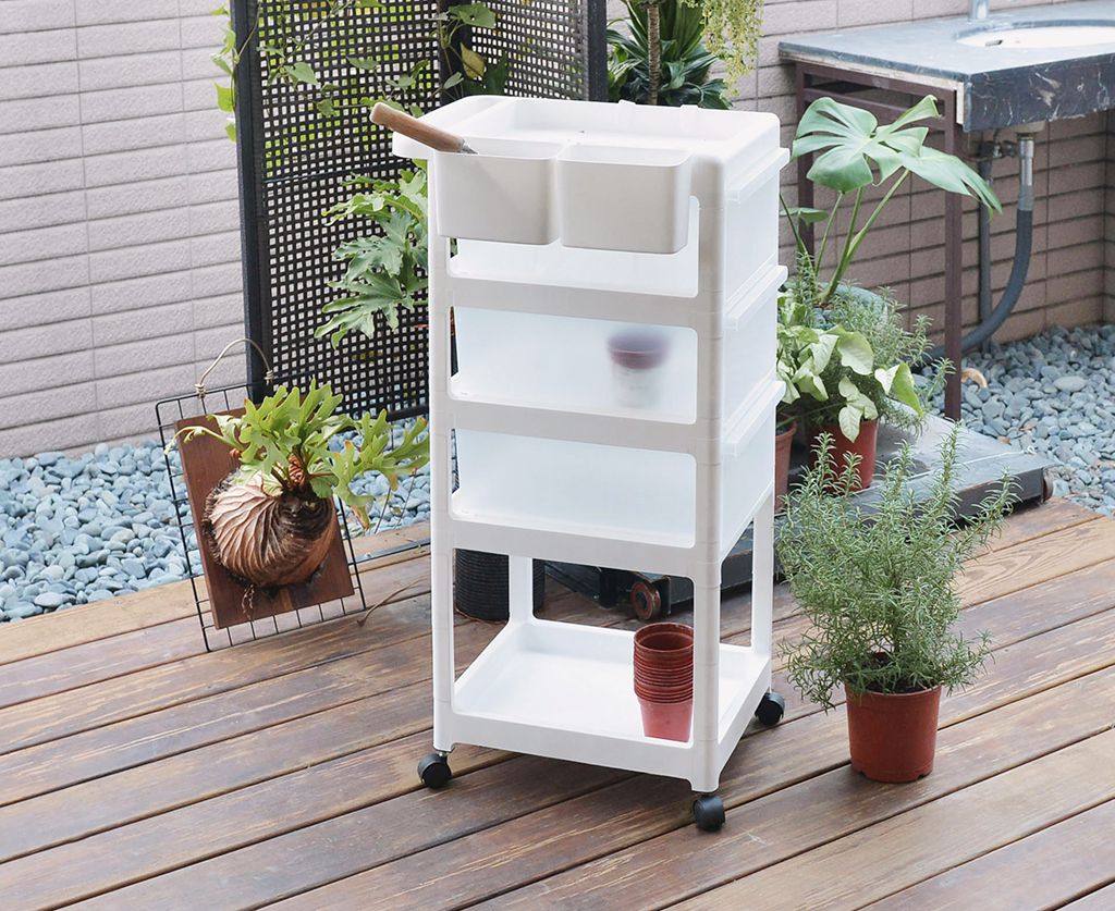 PICKup - 可移式四層抽屜多用途收納推車(3抽)-DIY-霧透抽屜款(粉白)