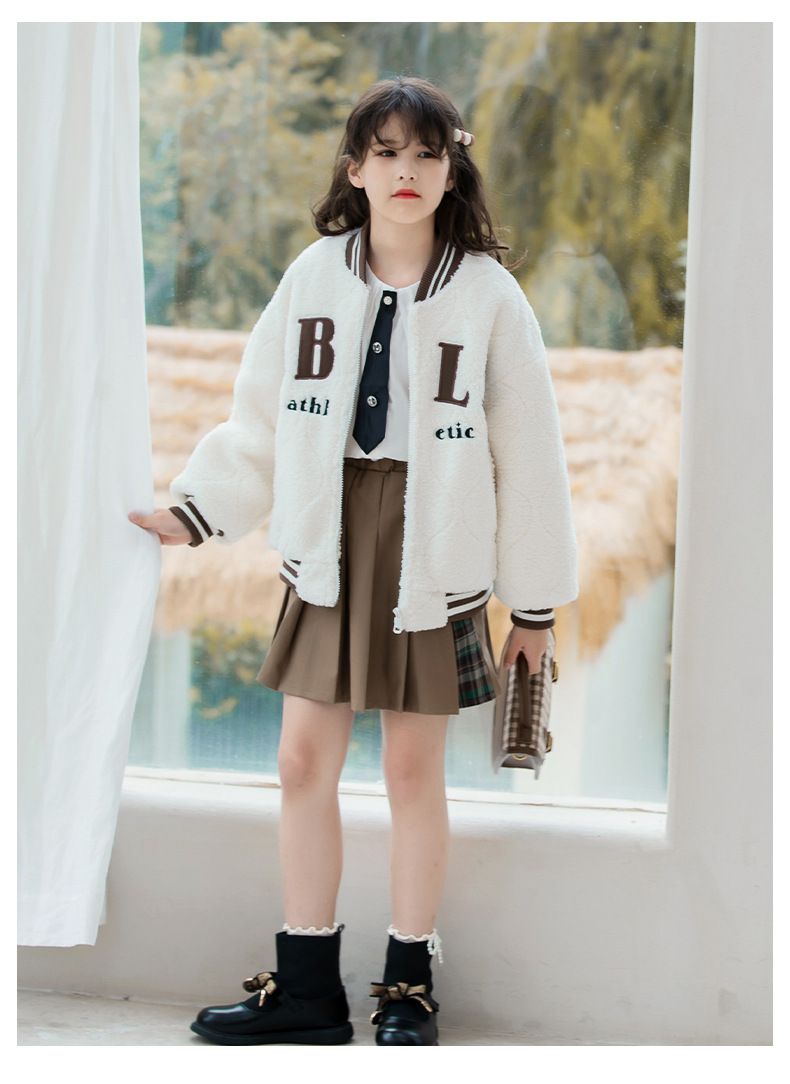 加厚羊羔絨棒球外套-粉色