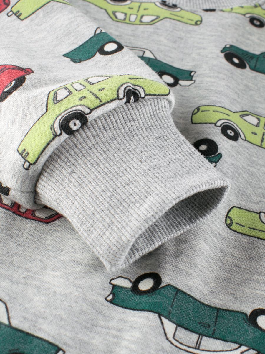 加絨棉質圓領長袖上衣/大學T-滿滿車車-灰色