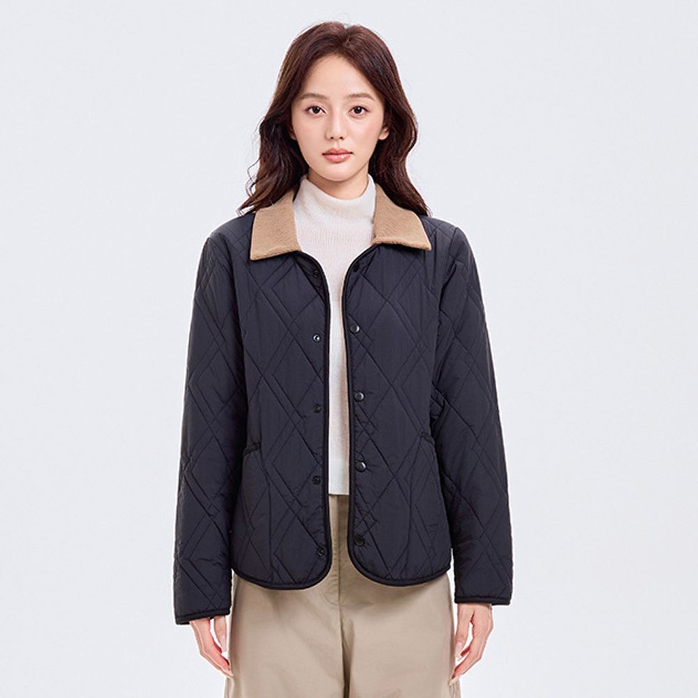 輕暖 2WAY可拆式翻領 羊毛鋪棉絎縫外套-女款-黑色