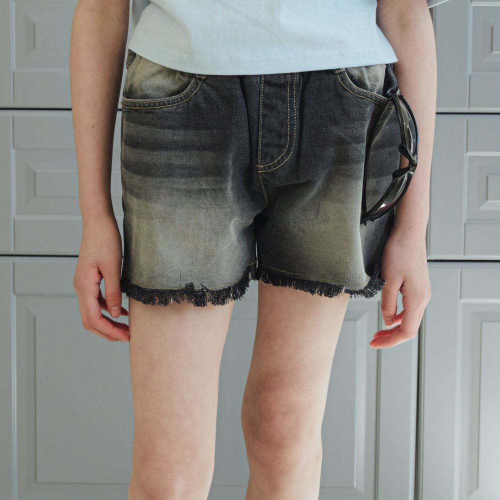 sm2 鬆緊腰復古水洗刷色抽鬚短褲-黑灰