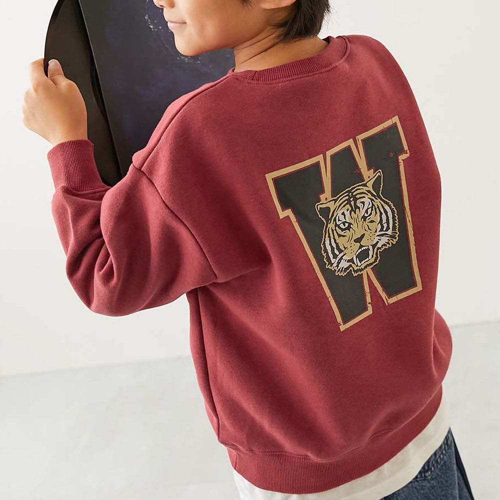 熱銷定番 裏起毛落肩大學長袖上衣-老虎-酒紅