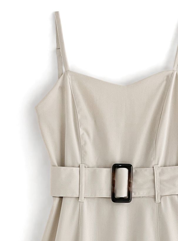 日本 GRL - 優雅修身寬腰帶吊帶裙/洋裝-淺米杏