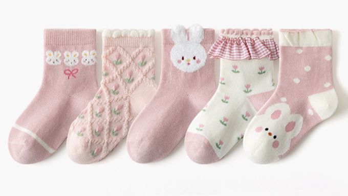 love, charlotte - 秋冬款粉色小兔子荷葉花邊中筒襪-5 雙一組