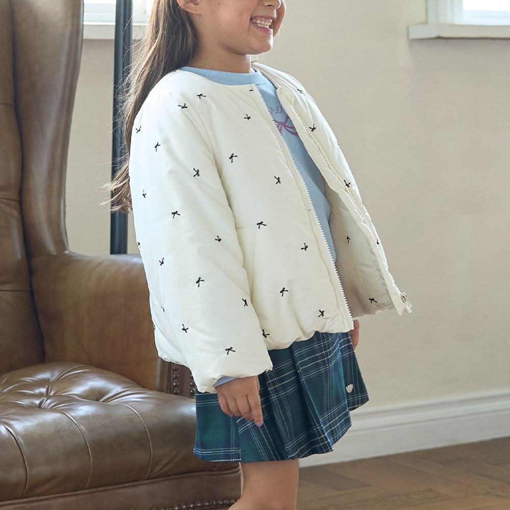 甜心刺繡無領鋪棉保暖外套-蝴蝶結-象牙