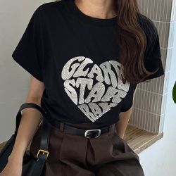 日本 GRL - 閃耀亮片愛心印花短袖T恤-黑 (F)