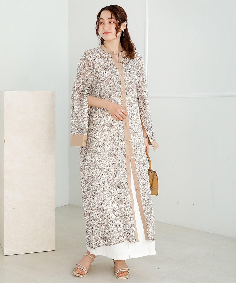 日本 Bab - 文藝浪漫碎花排扣洋裝-石英灰