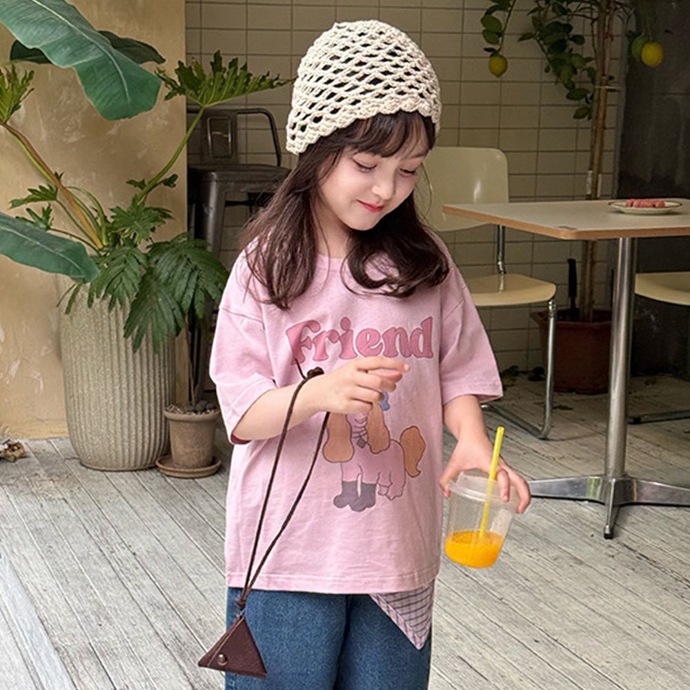 涼感手繪風美式休閒短袖上衣-粉色