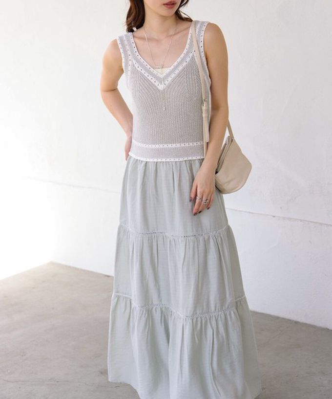 日本 Bab - 純棉針織拼接渡假風無袖洋裝-淺米杏