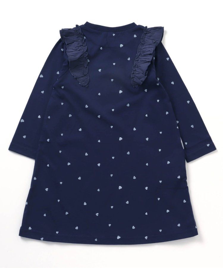日本 apres les cours - 肩部荷葉印花薄長袖洋裝-愛心-海軍藍