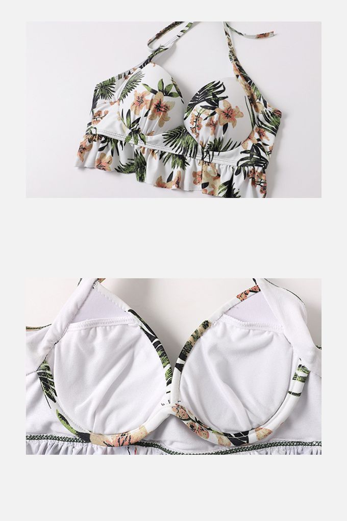 小清新比基尼罩衫顯瘦修身泳衣(三件組)-復古葉片-棕+綠+白-比基尼上衣、泳褲、罩衫