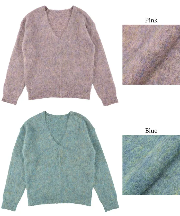 日本 COCA - 大V領混色毛海感針織上衣-藍綠系