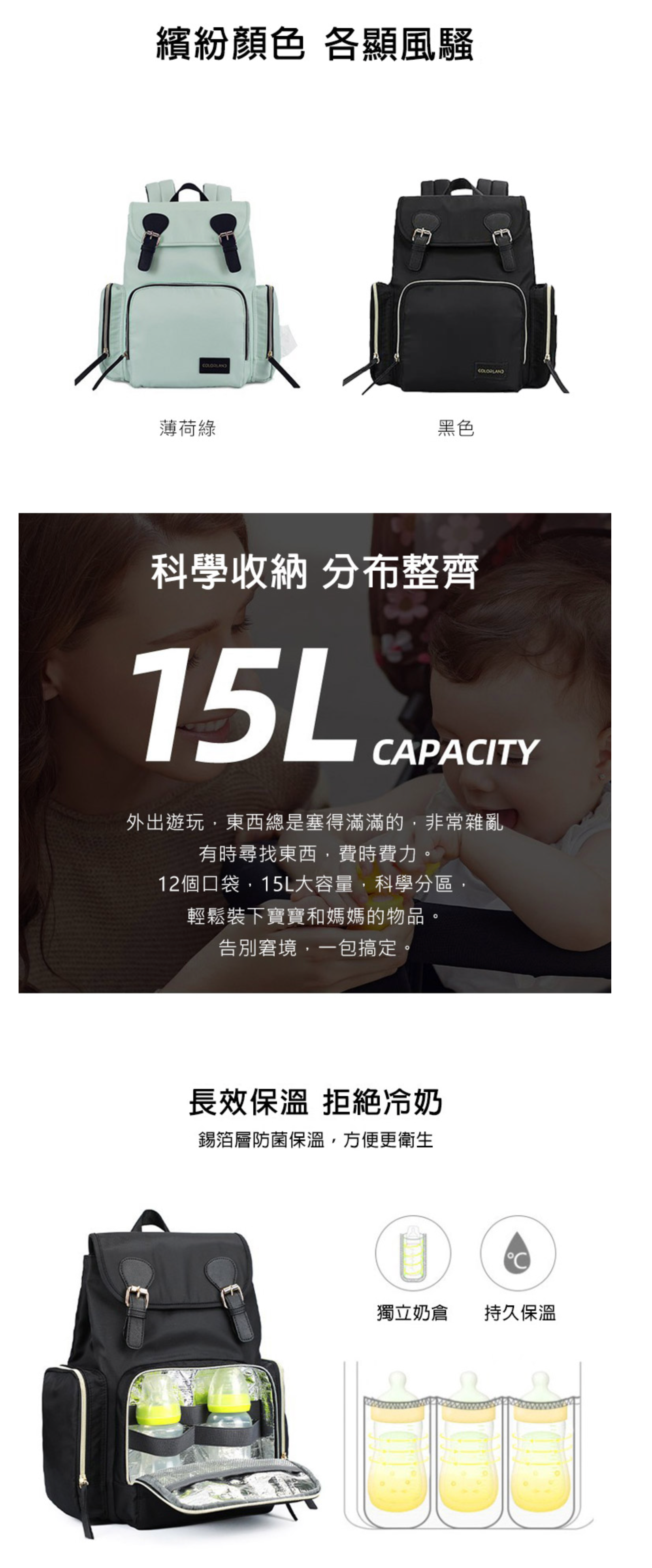 Colorland - 造型磁扣後背包 可掛行李箱 15L大容量-薄荷綠色 (36*16*26cm)