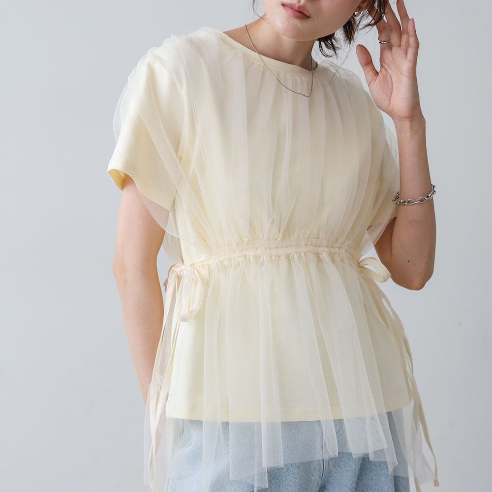 仙氣皺摺薄紗 腰綁帶短袖上衣-象牙黃