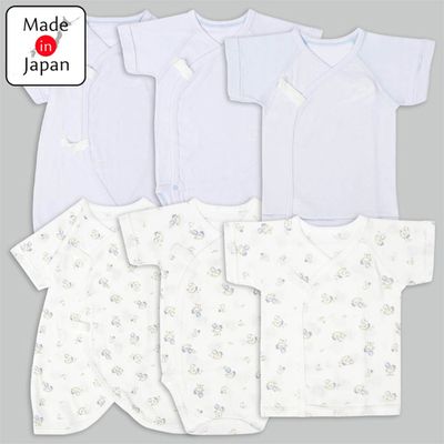 akachan honpo - 新生兒內衣6件組-短袖、7分袖 木馬-淺藍色 (50~60cm)-日本製