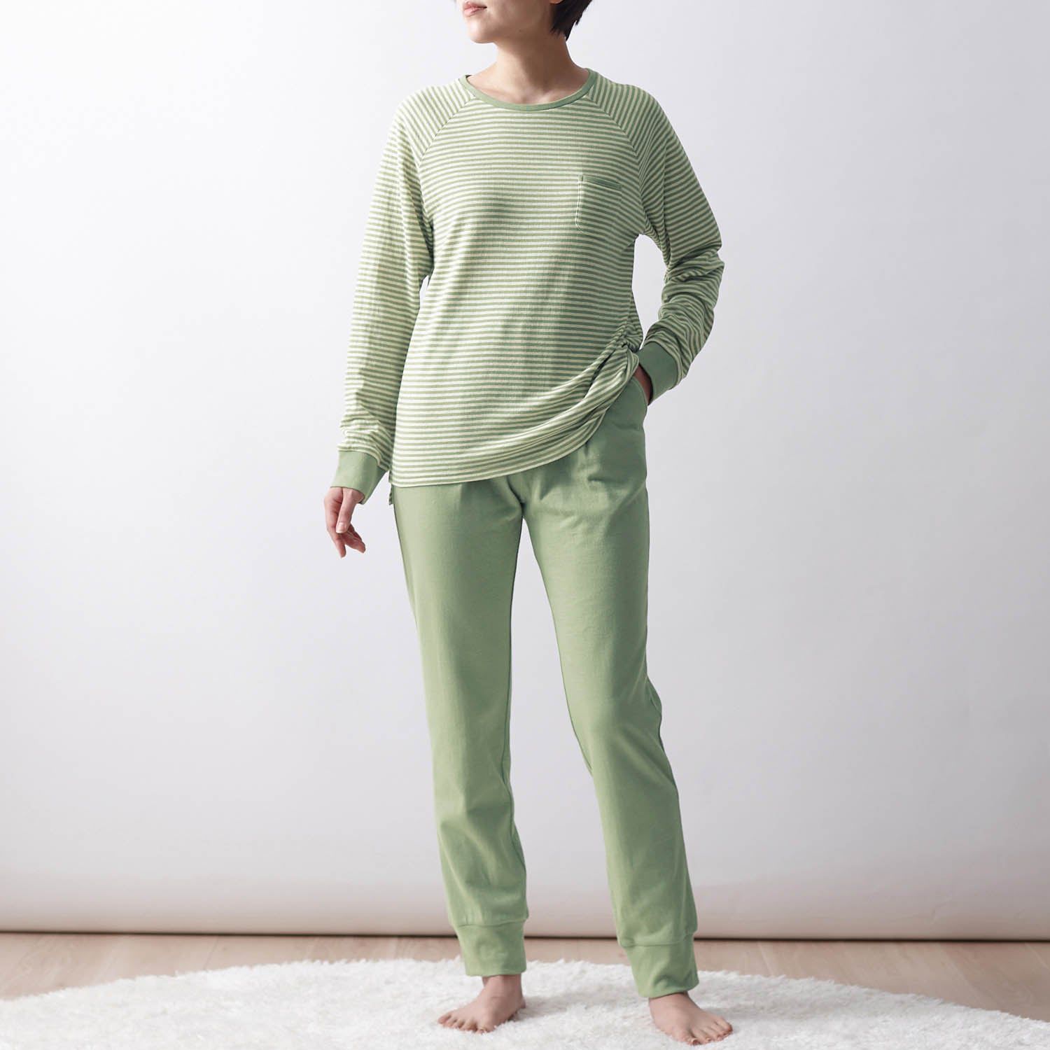 日本千趣會 - 100%棉 舒膚發熱家居服/睡衣-媽媽-條紋橘粉