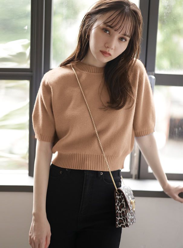 日本 GRL - 百搭短版五分袖針織上衣-淺橘