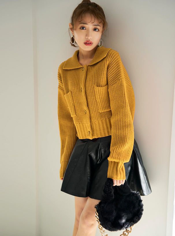 日本 GRL - 復古大翻領雙口袋短版針織毛衣/外套-黑