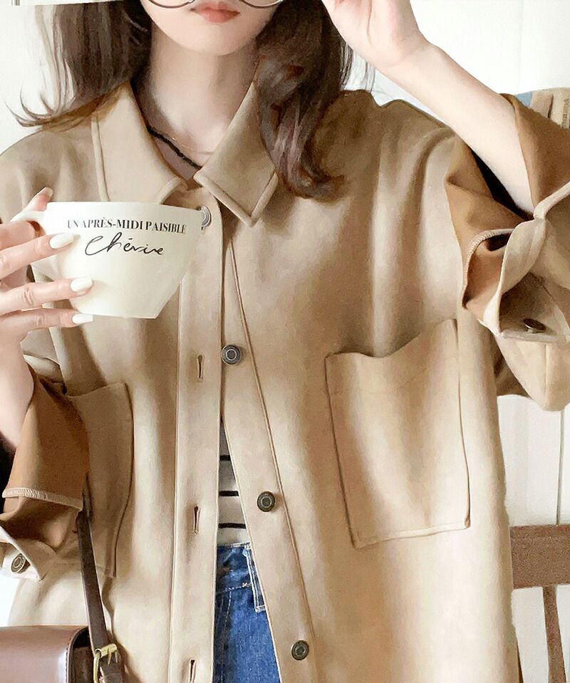 日本 Classical Elf - 時尚麂皮輕量大口袋長袖襯衫-米杏