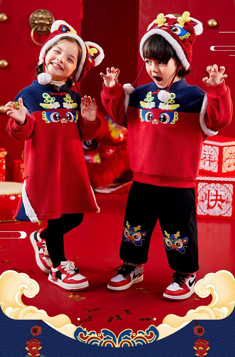 喜氣拜年腰鬆緊休閒長褲-萌萌龍-紅色