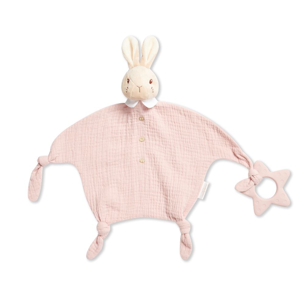 比得兔天絲泡泡紗安撫固齒組 35x28cm(安撫巾+固齒器 寶寶安撫玩偶 磨牙 抓握練習)-粉色