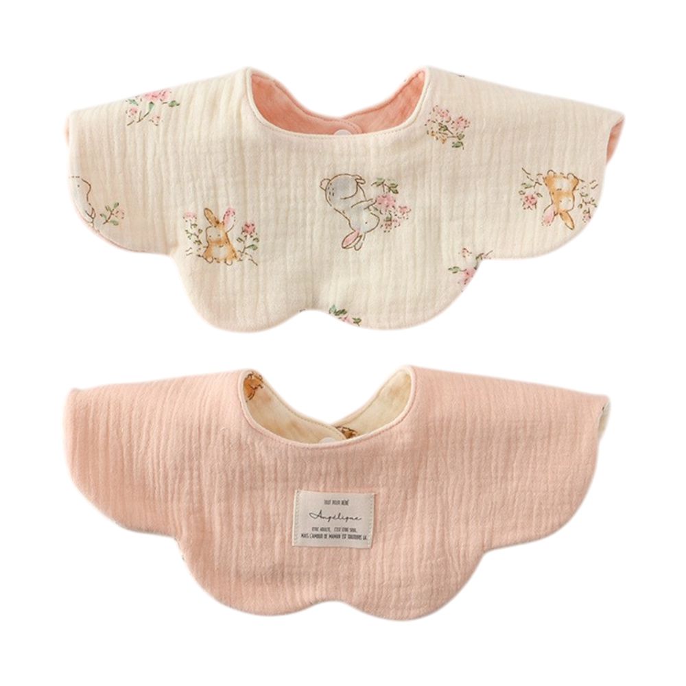 2條入-六層紗吸水圍兜 花型圍兜 兩面皆可用 純棉-松鼠兔/韓粉+隨機1條 (24.5*25cm)