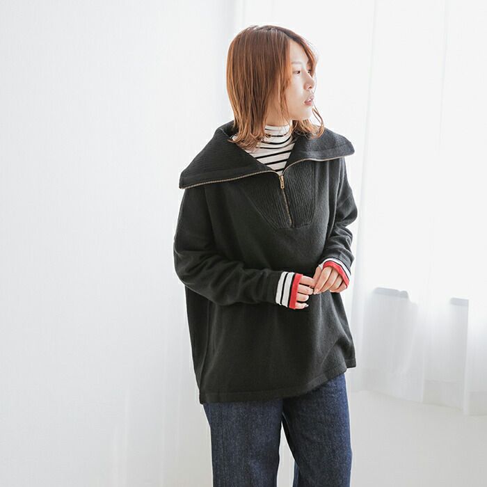 日本 ihuu - 可機洗拉鏈開襟針織毛衣-黑