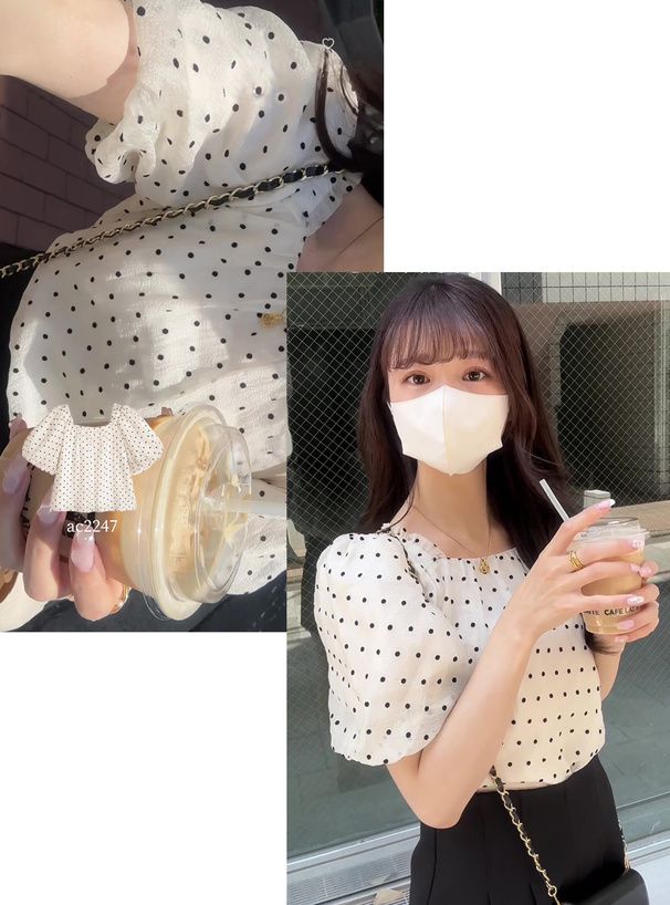 日本 GRL - 法式方領點點泡泡袖上衣-石墨灰 (M)