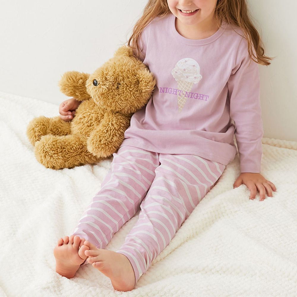 100%棉 高腰長袖家居服套裝-冰淇淋條紋-粉紅