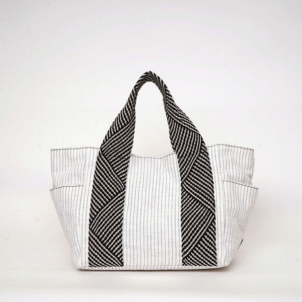 日本 COOCO - 棉麻條紋拼接手提包-黃 (27.5x24x16cm)