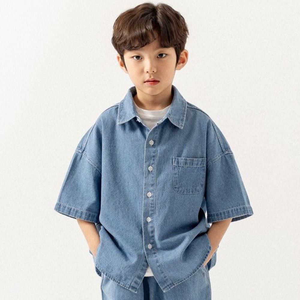 韓國 BUCKET LIST - 工裝風格短袖牛仔襯衫/外套-中青