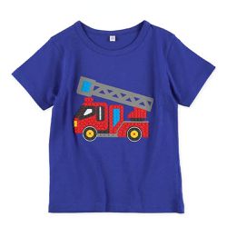 日本西松屋 - 立體發泡印花短袖上衣-消防車-寶藍