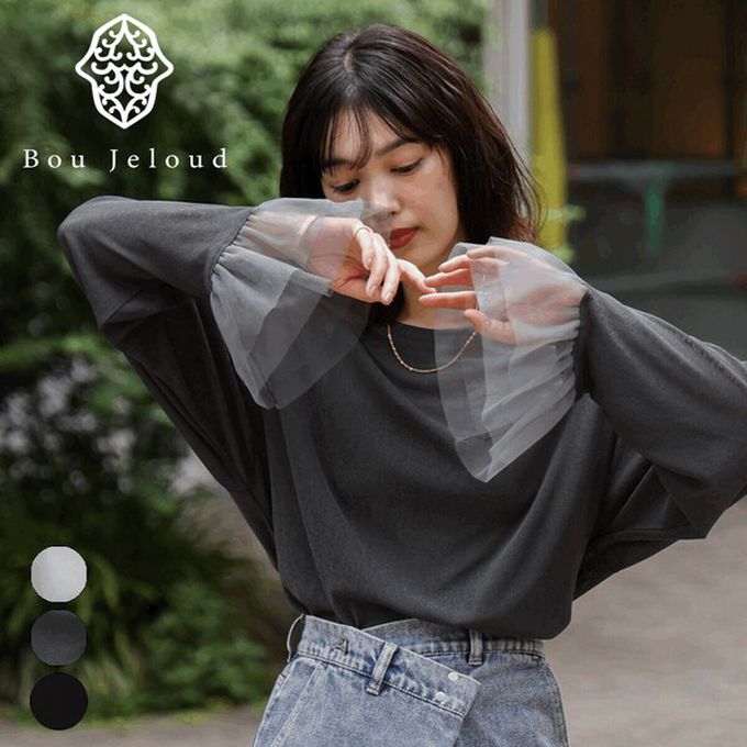 日本 Bab - 雙層薄紗拼接俏麗長袖上衣-黑