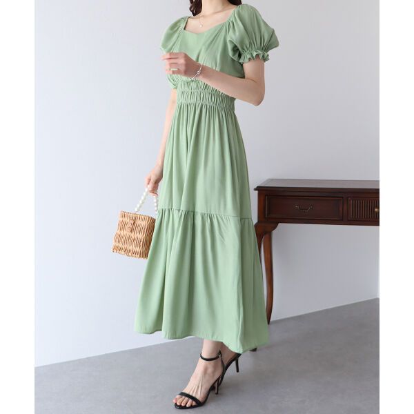 日本 BLUE EAST - 甜美氣質泡泡袖收腰洋裝-薄荷綠