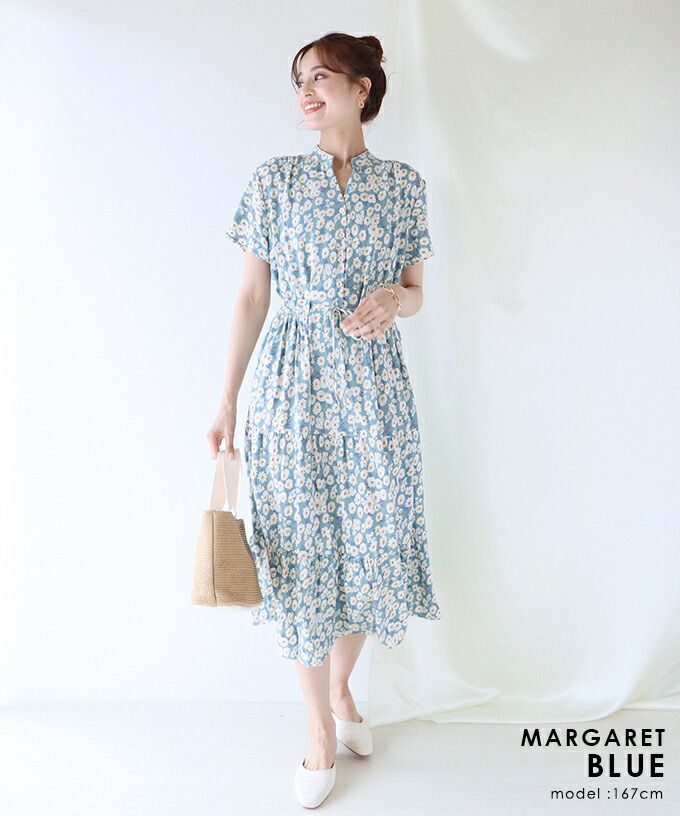 日本 BLUE EAST - 氣質小V領排釦短袖洋裝-木春菊-水藍 (M(Free))